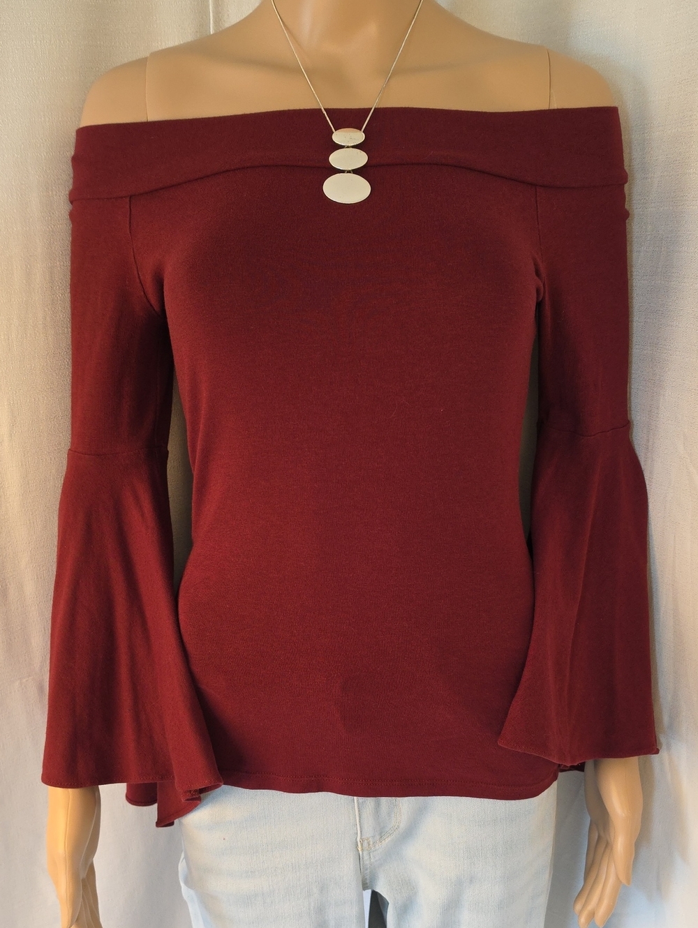 Express Off-the-Shoulder Burgundy Pullover Top with Bell Sleeves Size Small